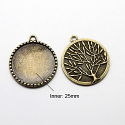 Tibetan Style Pendant Cabochon Settings, Cadmium Free & Nickel Free & Lead Free, Flat Round with Tree of life, Antique Bronze, 32x28x2mm, Hole: 2mm, Tray: 25mm
