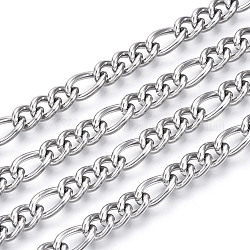 304 Stainless Steel Curb Chains, Figaro Chains, with Spool, Unwelded, Stainless Steel Color, 7.5x6x3mm and 11x6x3mm, about 82.02 Feet(25m)/roll