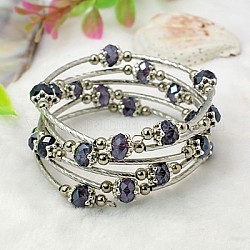 Bracelets enroulés à la mode, avec des perles de verre rondelles, Coupelles de style tibétain , laiton perles de tubes et de fils d'acier de la mémoire, bleu foncé, diamètre intérieur: 55 mm
