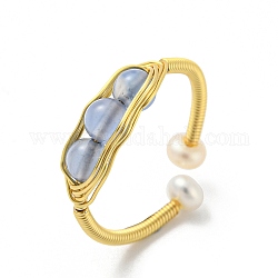 Anello a polsino aperto con perle naturali e perline acquamarina, anello da dito avvolto in filo di ottone, vero placcato oro 14k, misura degli stati uniti 7 (17.3mm)