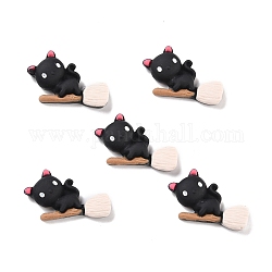 Cat with Besom Opaque Resin Cabochons, for Halloween, Black, 18.5x28.5x6.5mm