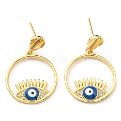 Cubic Zirconia Evil Eye Dangle Stud Earring with Enamel, Real 18K Gold Plated Brass Earrings, Cadmium Free & Lead Free, Blue, 30x20mm