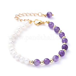 Bracelets en perles naturelles et améthyste naturelle, avec rallonge de chaîne en fer, 304 fermoirs à pince de homard en acier inoxydable et perles en laiton, 7-1/4 pouce (18.5 cm)