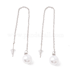 Cadena larga con aretes colgantes de perla de plástico, 304 hilo de oreja de acero inoxidable para mujer., color acero inoxidable, 105mm, pin: 1 mm