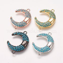 Brass Micro Pave Cubic Zirconia Links, Crescent Moon, Deep Sky Blue, Mixed Color, 17x24x3mm, Hole: 1mm