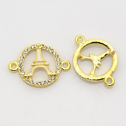 Connecteurs de liens multi-pierres en strass en alliage de ton doré, anneau avec tour eiffel, blanc, 25x18x3mm, Trou: 2mm