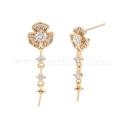 Flower Shape Brass Micro Pave Clear Cubic Zirconia Earring Findings, for Half Drilled Beads, Nickel Free, Real 18K Gold Plated, 27.5x8.5mm, Pin: 0.7mm, Pin: 0.7mm(for half drilled beads)