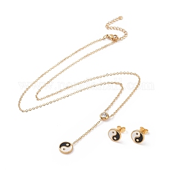 Feng Shui 304 Stainless Steel Jewelry Sets, Necklaces and Stud Earrings, with Rhinestone and Enamel, Yin Yang, Golden, 16.93 inch(43cm), 10x2mm, Pin: 0.8mm