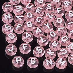 Abalorios de acrílico transparentes, agujero horizontal, letras mixtas, plano y redondo, rosa, 7x4mm, agujero: 1 mm