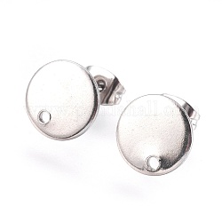 Accessoires de puces d'oreilles en 304 acier inoxydable, avec plaque plate, plat rond, couleur inoxydable, 10x1mm, 12mm, pin: 0.8 mm