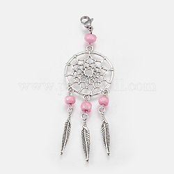 Lega stile tibetano grandi ciondoli, con perline di legno e moschettone, rete / rete tessuta con la piuma, perla rosa, 90mm