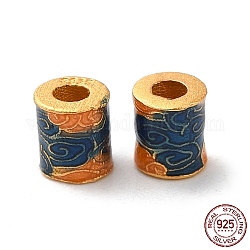 Matte Gold Color 925 Sterling Silver Beads, with Enamel, Column with Cloud, with S925 Stamp, Marine Blue, 4x3.5mm, Hole: 1.6mm