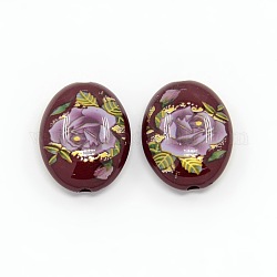 Flower Printed Acrylic Flat Oval Beads, Coconut Brown, 20x16x8mm, Hole: 2mm