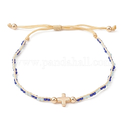 Bracelet tressé réglable, bracelets en laiton, verre et perles de graines rondes toho, pour femme, croix, diamètre intérieur: 1-3/4~3 pouce (4.60~7.5 cm)