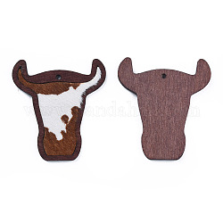 Eco-Friendly Cowhide Leather Big Pendants, with Dyed Wood, Cow's Head, Sienna, 55x50x3mm, Hole: 2.5mm