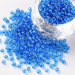 (servizio di reimballaggio disponibile) perline di semi di vetro, trans. colori lustered, tondo, blu chiaro, 8/0, 3mm, Foro: 1 mm, su 12 g / borsa