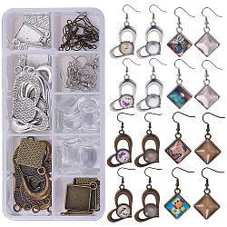 SUNNYCLUE 1 Box DIY 12 Pairs Heart Square Cabochon Earrings Making Starter Kits Round Square Dangle Tray Earring Settings, 14mm 15x15mm Clear Glass Dome Cabochons, Earring Wire Hooks, Mixed Color
