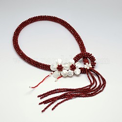 Flores de abalorios de cristal collares lariat, con la perla y concha, de color rojo oscuro, 31.4 pulgada