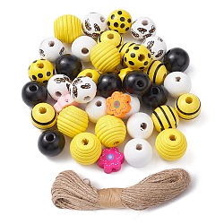 Kit para hacer decoración colgante de abeja diy, Incluye cuentas redondas y de flores de madera impresa., cordón de yute, color mezclado, abalorios: 14.5~18x5~17 mm, agujero: 2~4.5 mm, 70 unidades / bolsa