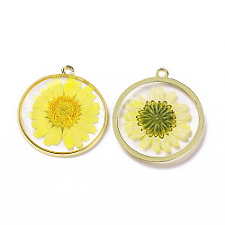Transparent Clear Epoxy Resin Pendants, with Edge Golden Plated Alloy Loops, Flat Round Charms with Inner Flower, Yellow, 32.3x29.5x3.2mm, Hole: 2mm