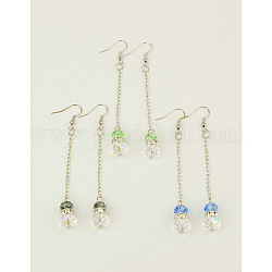 Fashion Glass Ball Dangle Earrings, with Brass Middle East Rhinestone Beads, Iron Chains and Brass Earring Hooks, Mixed Color, 80mm
