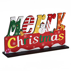 Decoraciones de exhibición de mesa de madera, signo de centro de mesa de navidad, tema de la Navidad, Feliz navidad palabra, color mezclado, terminado: 200x45x108mm