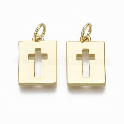 Brass Pendants, with Jump Ring, Rectangle with Cross, Nickel Free, Real 18K Gold Plated, 15.5x10.5x2mm, Hole: 3mm