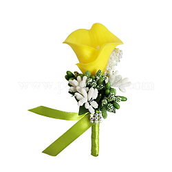 Boutonnière corsage fleur imitation cuir pu, pour homme ou marié, garçons d'honneur, mariage, décorations de fête, jaune, 120x60mm