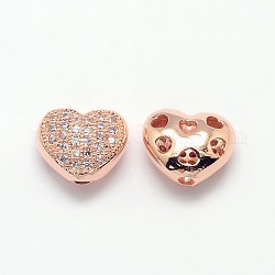 Ottone micro spianare zirconi perle cave, cadmio & nichel &piombo libero, cuore, Vero oro rosa placcato, 8x9x5mm, Foro: 1 mm