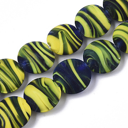Handmade Frosted Lampwork Beads Strands, Stripe Beads, Flat Round, Yellow Green, 15~16x7.5~8mm, Hole: 1.2mm, about 35pcs/Strand, 19.69 inch~20.08 inch