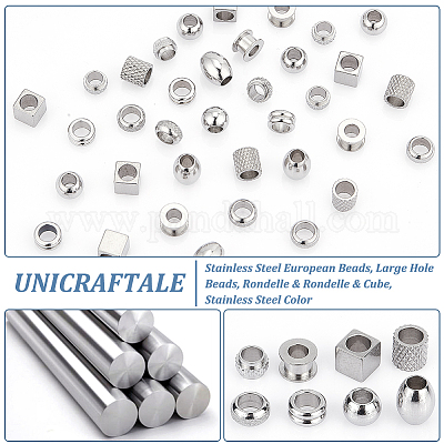 UNICRAFTALE About 48Pcs 8 Styles Stainless Steel European Beads Large Hole  Beads Rondelle Cube Column Barrel Spacer Beads Large Hole Beads Loose Beads