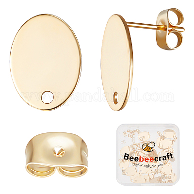 Wholesale Beebeecraft 1 Box 40Pcs Oval Earring Findings 24K Gold Plated Earring  Post with Hole and 40Pcs Ear Nuts Ear Stud Components for Jewelry Making 