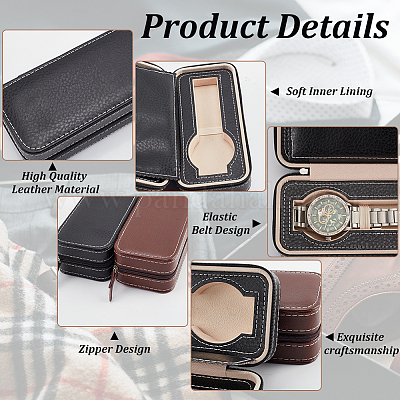 Boîte De Rangement Portable Montres 2 Emplacements - Étui Similicuir Avec Fermeture Éclair Marron