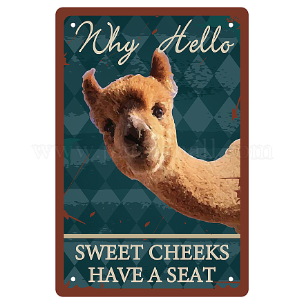CREATCABIN Funny Bathroom Quote Metal Tin Sign Vintage Why Hello Sweet Cheeks Have A Seat Sign Alpaca Tin Sign for Home Bar Pub Cafe Bathroom Kitchen Living Room Poster Plaque Wall Decor AJEW-WH0157-451-1
