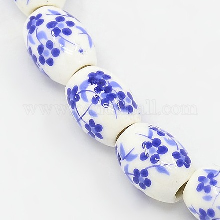 Handmade Flower Printed Porcelain Barrel Beads Strands PORC-L005-A-03-1