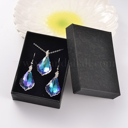 Larme ab couleur plaqué pendentif en verre galvanoplastie colliers et boucles d'oreilles pendantes ensembles de bijoux SJEW-JS00880-1