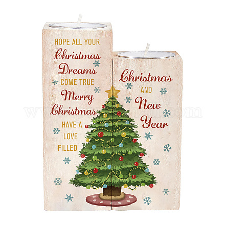 スーパーダント木製キャンドルホルダー  パラフィンキャンドルを使って  クリスマスのために  クリスマスツリー模様  キャンドルホルダー：4.51x4.51x10.15~12.19cm  ろうそく：37.2x14.8mm AJEW-SD0001-21D-1