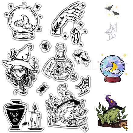 CRASPIRE Witch Clear Stamps Magic Potions Frogs Crystals Candles Crystal Balls Retro Transparent Silicone Stamp Seals for Photo Album Journaling Card Making Notebook Decor DIY Scrapbooking Halloween DIY-WH0439-0152-1