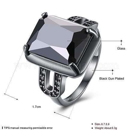 婚約指輪  真鍮製のガラスリング  サイズ7  ブラック  ガンメタ色  17.3mm RJEW-BB20255-D-7-1