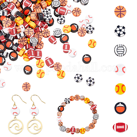 SUPERFINDINGS 350Pcs 7 Style Sports Beads Basketball Polymer Clay Beads Clay Ball Beads Baseball Loose Beads Volleyball Rugby Beads for Jewelry Making CLAY-FH0001-23-1