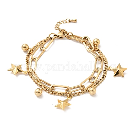 Bracelet multirangs charm étoile et boule ronde BJEW-G639-17G-1