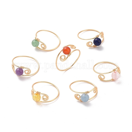 7Pcs Round Natural & Synthetic Mixed Stone Braided Bead Finger Rings RJEW-JR00531-1