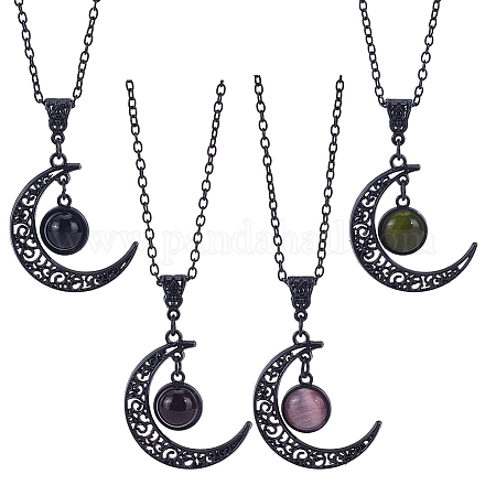 ANATTASOUL 4Pcs 4 Colors Glass Flat Round & Alloy Moon Pendant Necklaces Set NJEW-AN0001-55-1