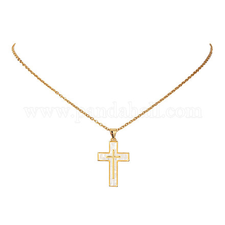 Natural Shell Cross Pendant Necklace with 304 Stainless Steel Chains NJEW-JN04435-1
