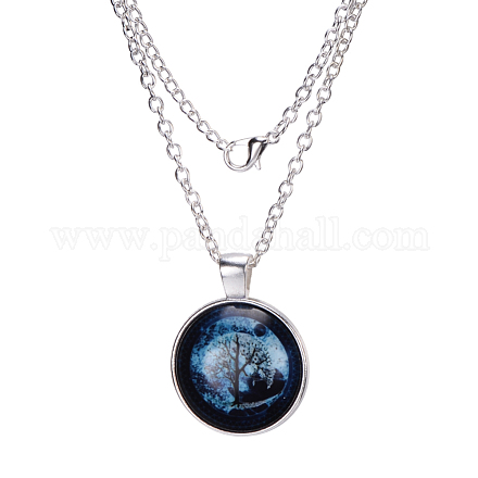 Flat Round with Tree at Midnight Glass Alloy Pendant Necklaces X-NJEW-N0051-047J-02-1