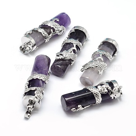 Column with Dragon Platinum Plated Brass Natural Amethyst Pendants G-F228-23C-RS-1