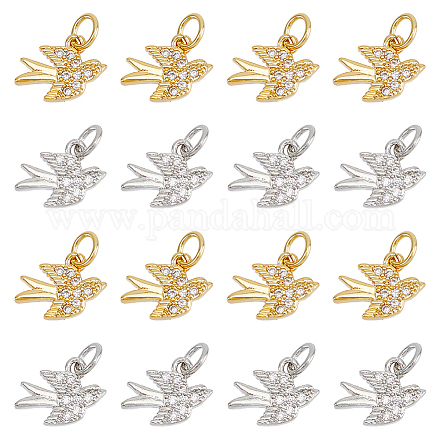 DICOSMETIC 16Pcs 2 Colors Brass Micro Pave Clear Cubic Zirconia Bird Charms FIND-DC0003-26-1