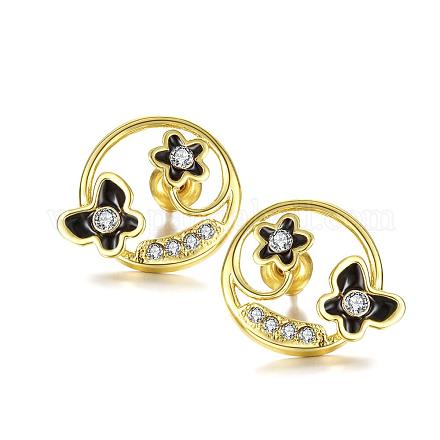 Fantastic Flat Round with Flower Tin Alloy Czech Rhinestone Enamel Stud Earrings EJEW-BB03772-A-1
