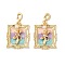 Brass Random Color Glass Pendants, Rectangle with Flower, with ABS Imitation Pearl & Enamel & Loop, Real 18K Gold Plated, 33.5x26.5x7.5mm, Hole: 5.5x5mm