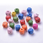 Letter Printed Natural Wood Beads, Horizontal Hole, Cube, Mixed Color, 8x8x8mm, Hole: 3mm, about 2170pcs/500g